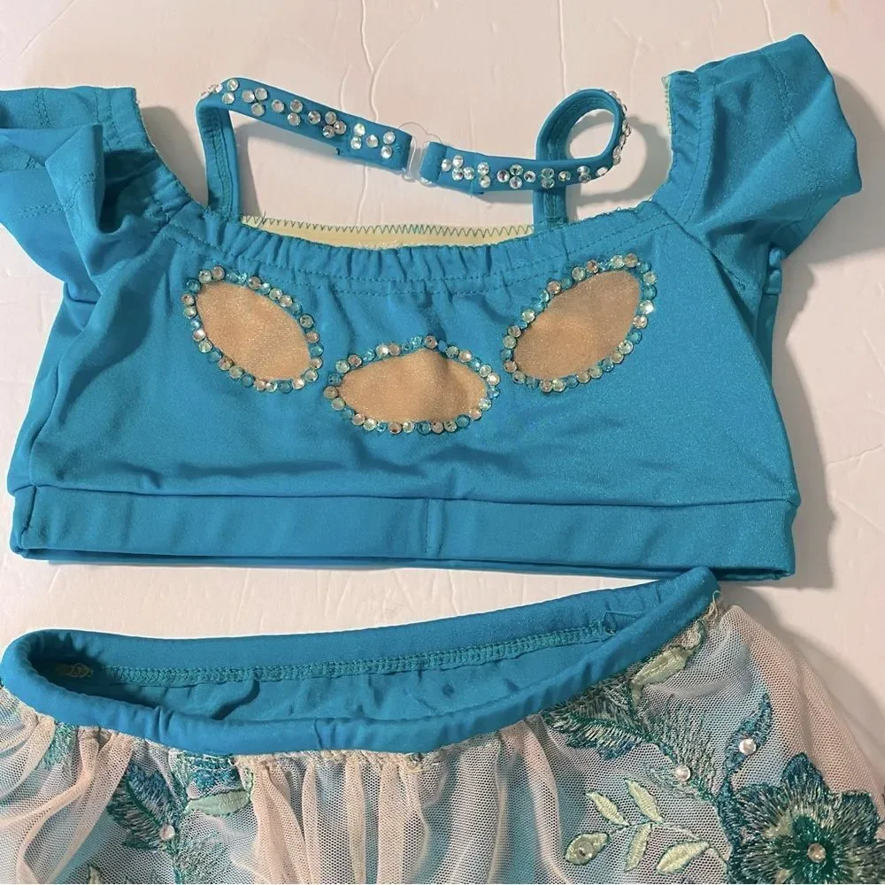 Solo custom dance costume 2 piece teal lyrical  rhinestoned embroidered MC child